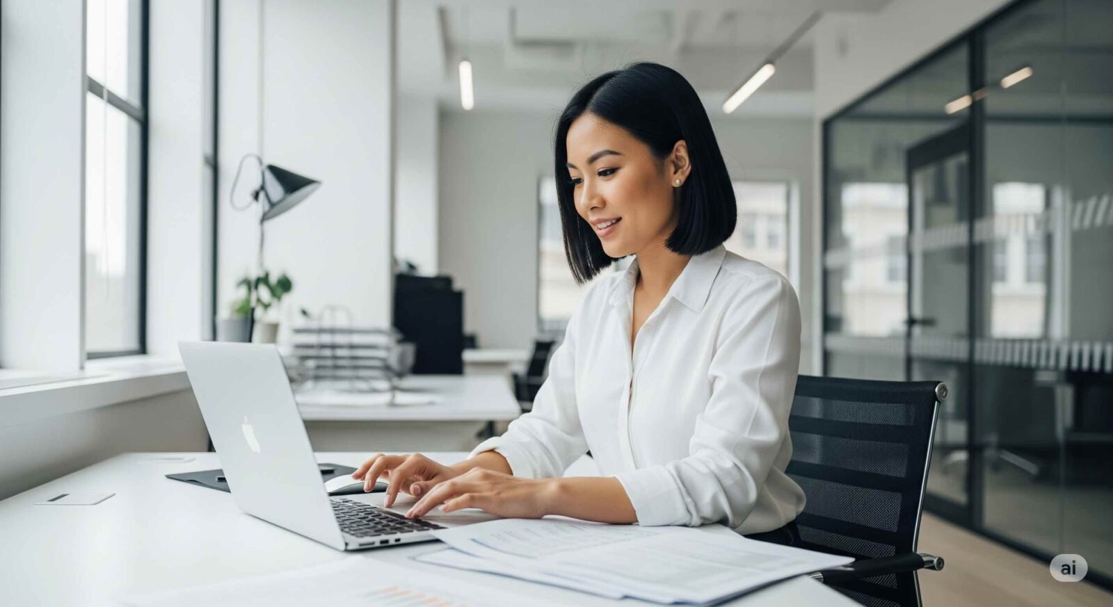 seorang wanita sedang bekerja di kantor