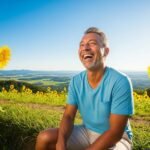 seorang pria tersenyum lepas di taman bunga