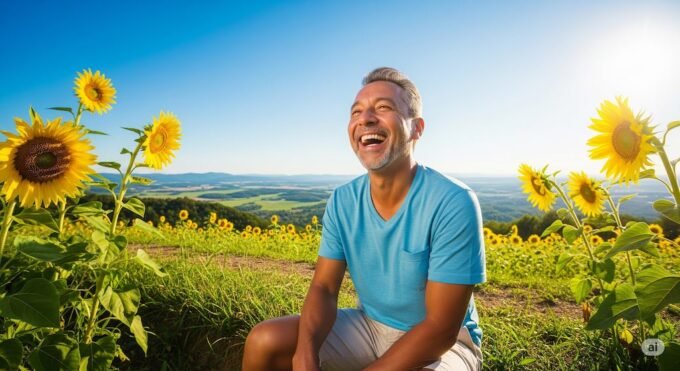 seorang pria tersenyum lepas di taman bunga