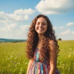 Foto seorang perempuan sedang tersenyum dengan latar belakang taman