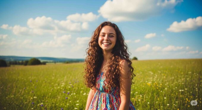 Foto seorang perempuan sedang tersenyum dengan latar belakang taman