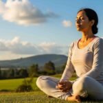 Seorang perempuan sedang latihan pernapasan di alam terbuka