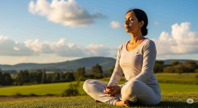 Seorang perempuan sedang latihan pernapasan di alam terbuka