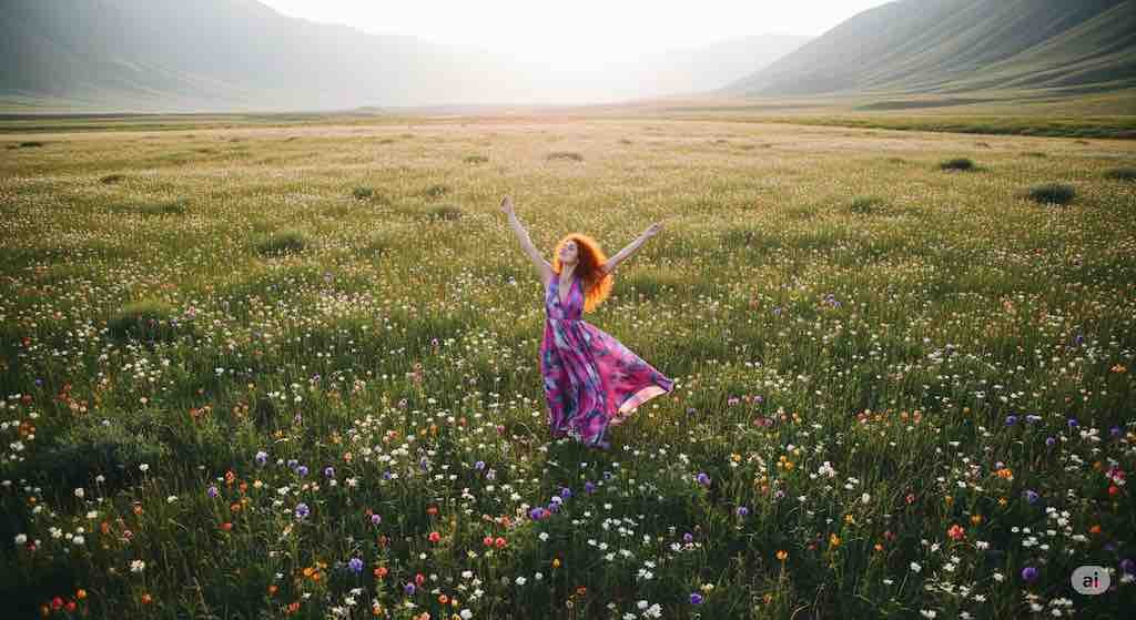 seorang perempuan tampak gembira di padang bunga