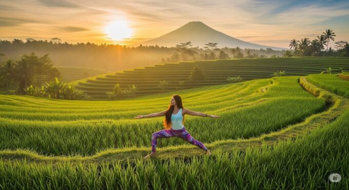Seorang perempuan sedang praktik olahraga Yoga di pagi hari
