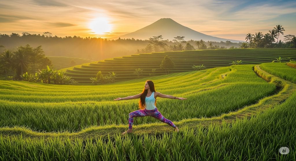 Seorang perempuan sedang praktik olahraga Yoga di pagi hari