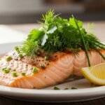 menu daging salmon disajikan di atas piring dengan sayuran