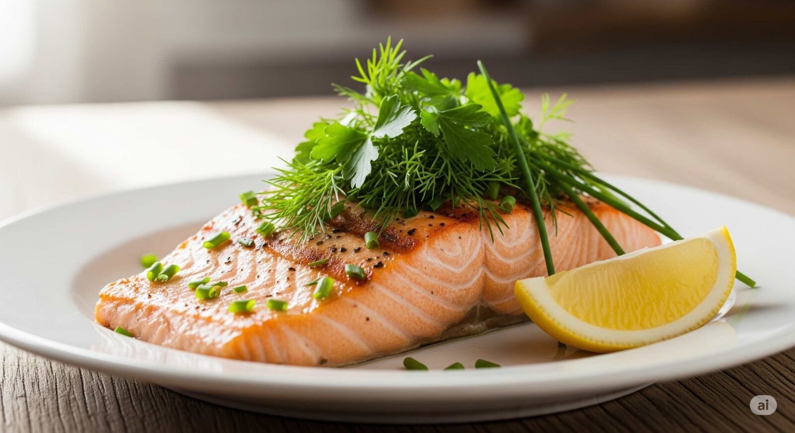 menu daging salmon disajikan di atas piring dengan sayuran