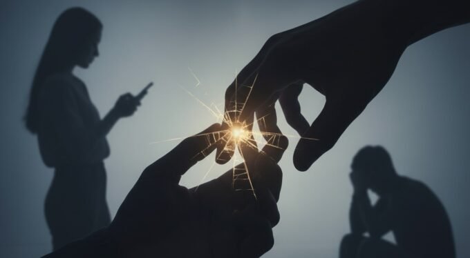 Ilustrasi trust issue berupa siluet perempuan dan laki-laki dalam kondisi depresi