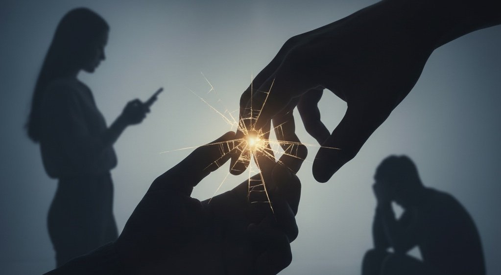 Ilustrasi trust issue berupa siluet perempuan dan laki-laki dalam kondisi depresi